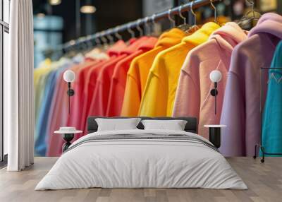 Row of colorful pastel colors casual attire hoodies on hangers in clothing shop close up, modern clothes in boutique Wall mural