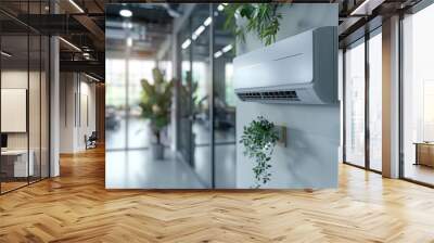 White air conditioner on wall in corridor of business office with plants and large windows. Electronic device implementing air purification, microclimate and climate control Wall mural