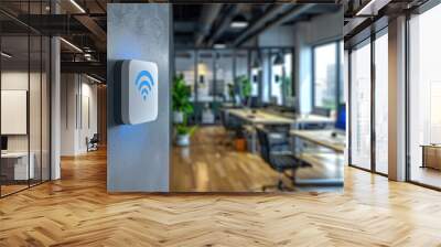 White router with blue Wi-Fi symbol hangs on the wall of bright, well-lit modern business office, blurred background Wall mural