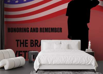 US Army soldier saluting the american flag on red background Wall mural