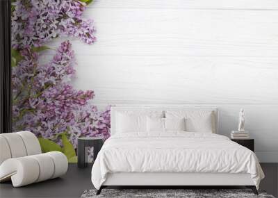 lilac flowers on the white wooden background. Wall mural