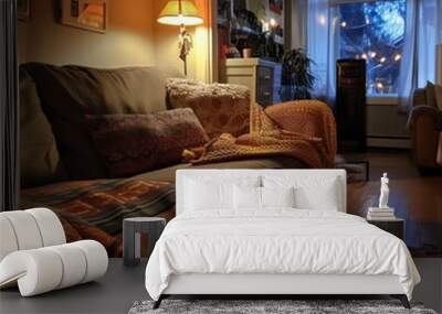 A comfortable sofa in a cozy evening environment, designed for unwinding and enjoying a peaceful night. Wall mural