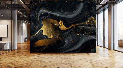 Abstract black marble background featuring fluid gold design, creating a modern and sophisticated wallpaper with a touch of luxury and elegance. Wall mural