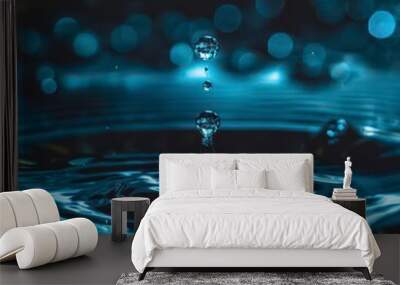 Blue water drop with abstract splash, creating ripples and light reflections, depicting motion and bubbles in a circular, dynamic space. Wall mural