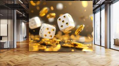 Dice roll amidst scattered golden coins, capturing the excitement and risk of gambling and luck Wall mural