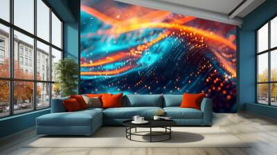 Orange and blue hues merge in a visually captivating soundscape, styled with futuristic, chromatic wave patterns, evoking a sense of modernity and rhythm. Wall mural