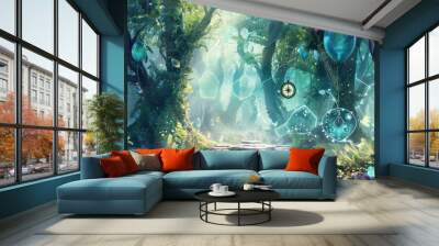 Enchanted forest with liquid trees, hexagonal clearings, fairy butterfly, mystical compass, and hidden forest balloons. Wall mural