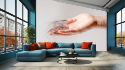 Hand of female holding hair fall or loss  is a problem of women on white background. Wall mural