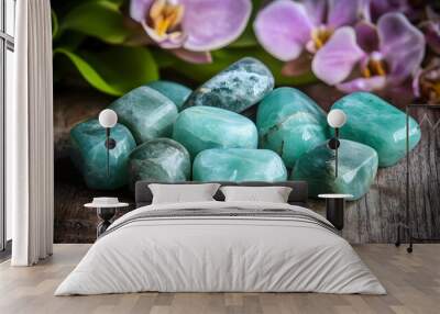 Artistic Display of Amazonite Crystals on a Wooden Surface Showcasing Nature's Elegance Wall mural