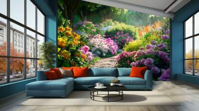 Colorful flowers in a green garden Wall mural