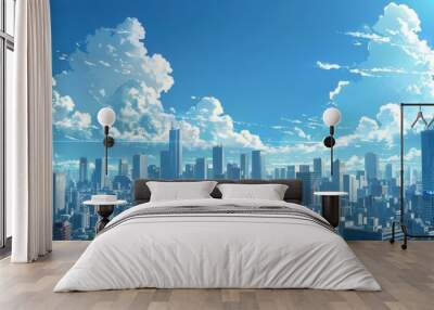 A city skyline with a blue sky and clouds. The city is full of tall buildings and the sky is clear Wall mural