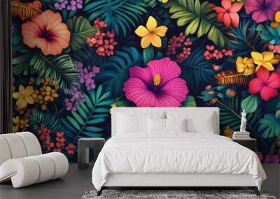 A colorful tropical flower garden with a variety of flowers including hibiscus. The flowers are in full bloom and the colors are vibrant. The image has a lively and cheerful mood Wall mural