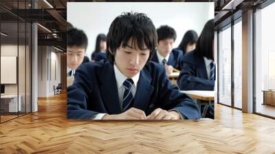 A group of asian students are sitting in a classroom, some of them are writing. Scene is serious and focused, as the students are concentrating on their work Wall mural