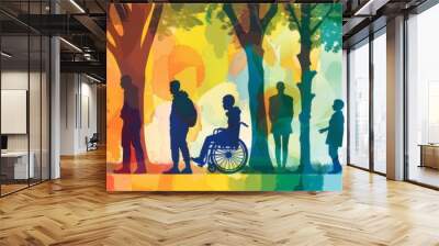 A group of people are walking in a park, with some of them using wheelchairs. The scene is colorful and lively, with people of all ages and abilities enjoying the outdoors Wall mural