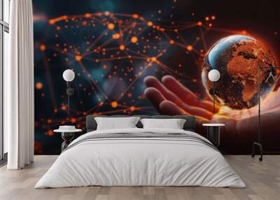 A hand holding a glowing sphere in a dark background. The sphere is surrounded by a web of lines and dots, giving the impression of a futuristic, technological world Wall mural