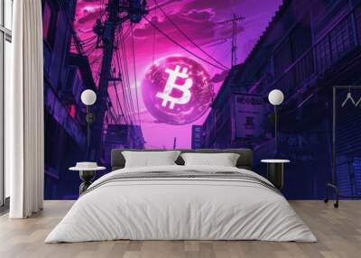 A neon sign with a large B floating in the sky. The sky is purple and the city is lit up Wall mural