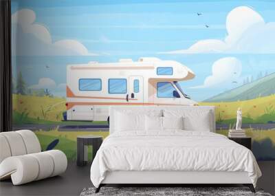 A white and orange camper van is driving down a road in a grassy field. The sky is blue and there are a few birds flying in the background. The scene is peaceful and serene Wall mural