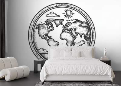 A world map with a compass on it. The compass is pointing to the sun. The map is drawn in black and white Wall mural