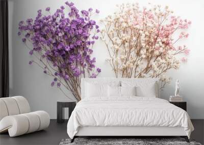 Two bunches of flowers, one purple and one white, are arranged in a way that they look like they are hugging each other Wall mural