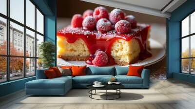 Rich raspberry cheesecake slice with vibrant red topping Wall mural