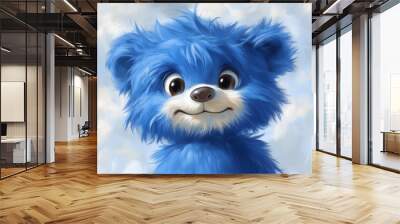 Smiling blue teddy bear with a cheerful expression Wall mural