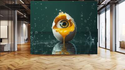 Surreal artwork of broken egg with eyeball inside. Wall mural