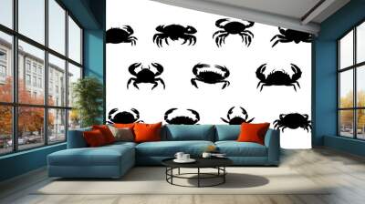 Black silhouette crab set flat cartoon isolated on white background. Vector illustration Wall mural