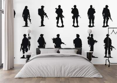 Set of black silhouettes of soldiers isolated on white background, vector illustration Wall mural