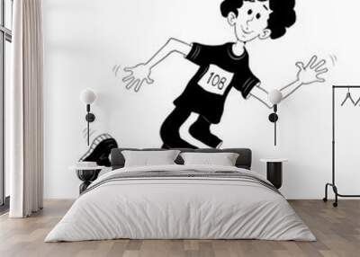 athlete running with marathon number tag on shirt. black and white cartoon character Wall mural