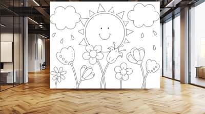 cute coloring page with garden flowers and a cartoon sun. you can print it on 8.5x11 inch paper Wall mural