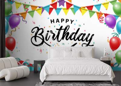 Happy birthday vector transparent background. colorful happy birthday border frame with confetti Wall mural