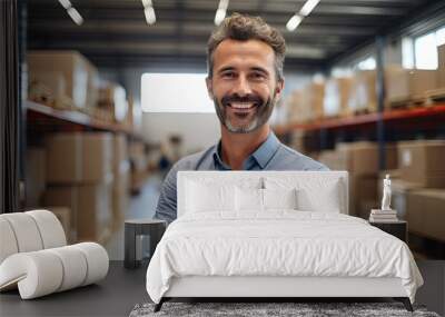 A cheerful man stands amidst stacked boxes in a warehouse, wearing a smile that exudes confidence Wall mural