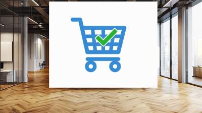 a digital icon featuring a shopping cart with a check mark, symbolizing confirmed purchase Wall mural