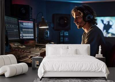 A man in a recording studio wears headphones as he works on producing music Wall mural