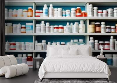 A well-stocked medicine shelf displaying a diverse range of pharmaceuticals for various health needs Wall mural