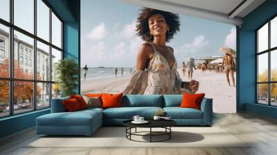 black woman walking along the beach, summer vacation holiday concept Wall mural