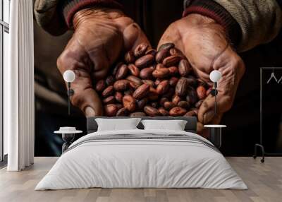 Close up of farmer hands holding coffee cherry after dry process. Organic product natural origin Wall mural