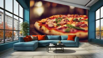 Close-up on a ITALIAN PIZZA on a wooden table with a french restaurant in the background Wall mural