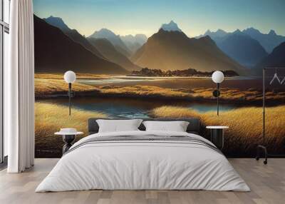 Epic New Zealand landscape, Fiordland national park,Beautiful lighting,Volumetric lighting,mountains Wall mural