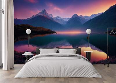 Epic New Zealand landscape, Fiordland national park,Beautiful lighting,Volumetric lighting,mountains Wall mural