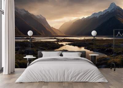 Epic New Zealand landscape, Fiordland national park,Beautiful lighting,Volumetric lighting,mountains Wall mural