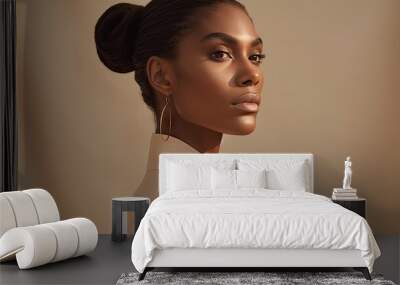 Fashion beige minimalist background with african american model, styling, young professional model Wall mural