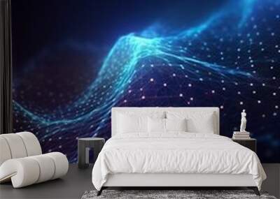 Futuristic data stream 3d illustration. Data transfer technology. Wave of dots and weave lines. Abstract background. Wall mural