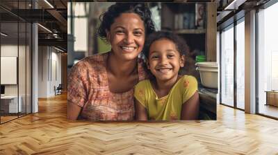 Happy mother and children in the kitchen. Healthy food, family, cooking concept Wall mural