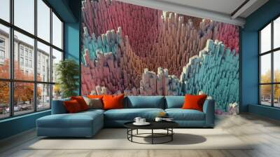 massive colorful cube pattern floors uneven raised with holes 3d illustration. abstract architecture Wall mural