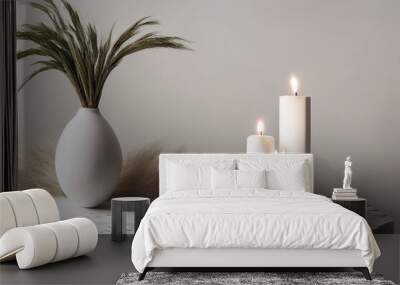 minimal design decoration of clay vase,white candle,pampas grass on natural stone podium, copy space Wall mural