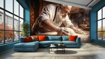 Old man hands kneading a dough on a wooden table. bread dough on wooden table in a bakery close up Wall mural