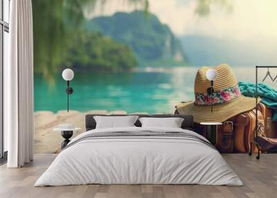 Ready for adventure: travel essentials on lakeside wooden pier Wall mural