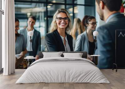 Successful partnership,Businesswomen handshaking in office, women at job Wall mural