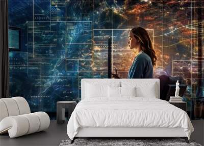 young business woman is watching hologram screens, Business technology. Wall mural